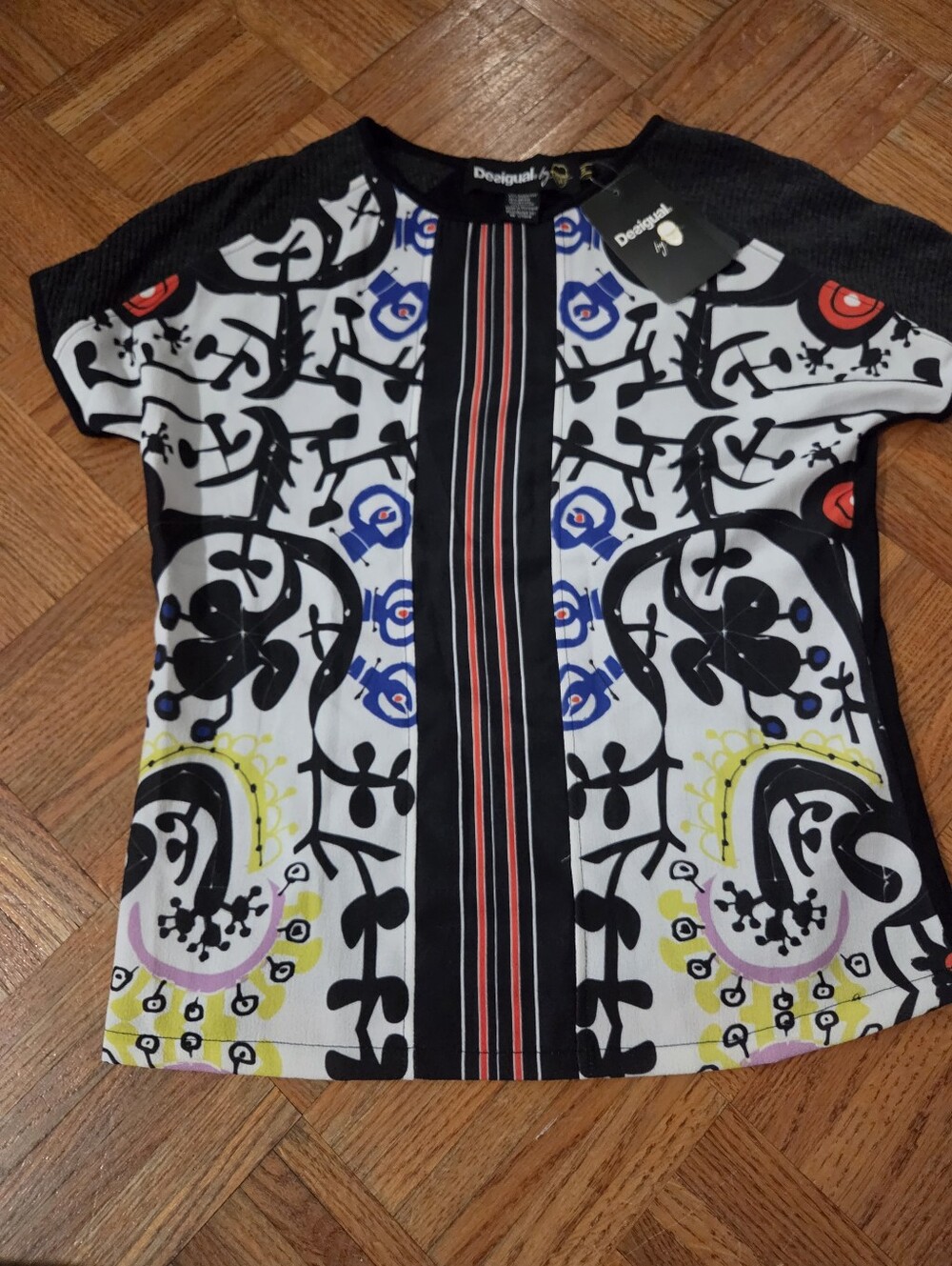 Desigual Black White Multi-Pattern Short Sleeve Tee with Red & Blue Accents